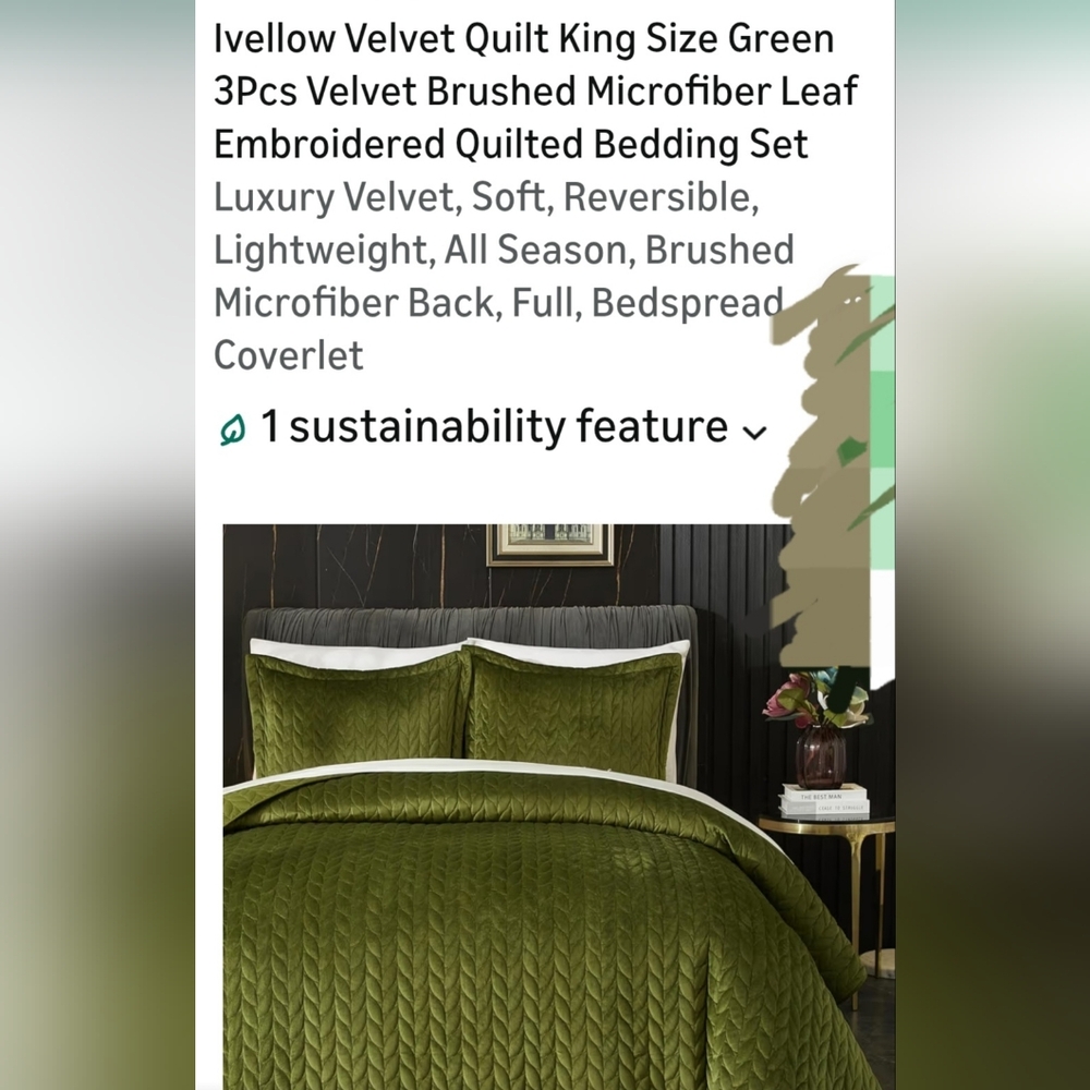 Velvet Quilted King Sz Bedding Set Green NIB